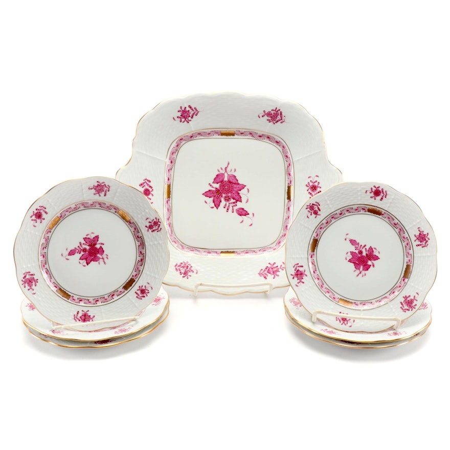 Herend Raspberry "Chinese Bouquet" Cake Plate and Bread and Butter Plates