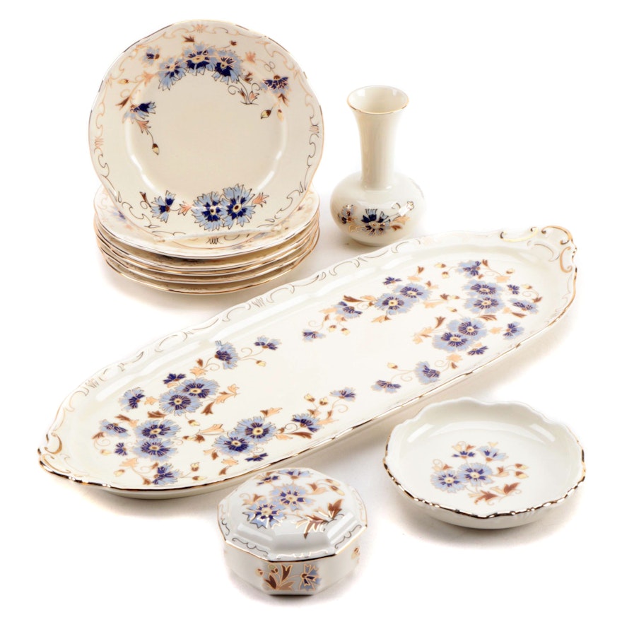 Zsolnay Porcelain Serving Platter, Bread and Butter Plates, and Décor