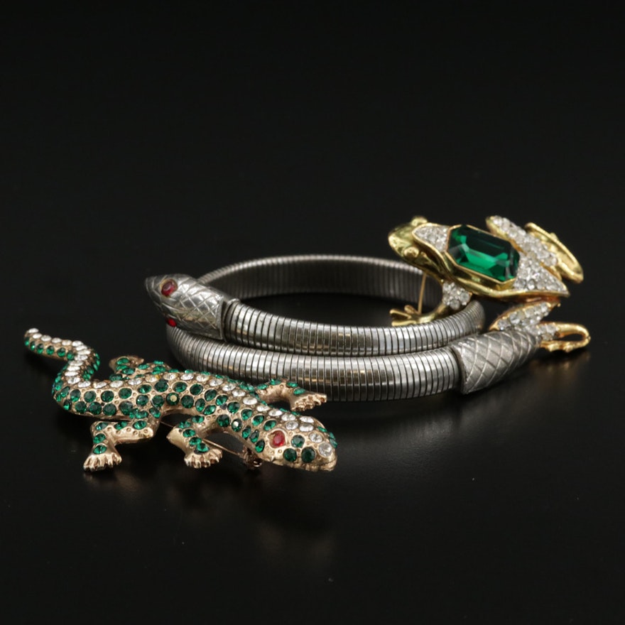Art Deco Coiled Snake Bracelet With Frog and Gecko Brooches