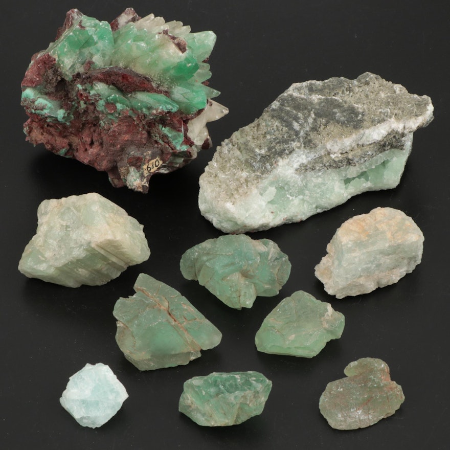 Amorphous and Prismatic Fluorite Specimens and Calcite Geode