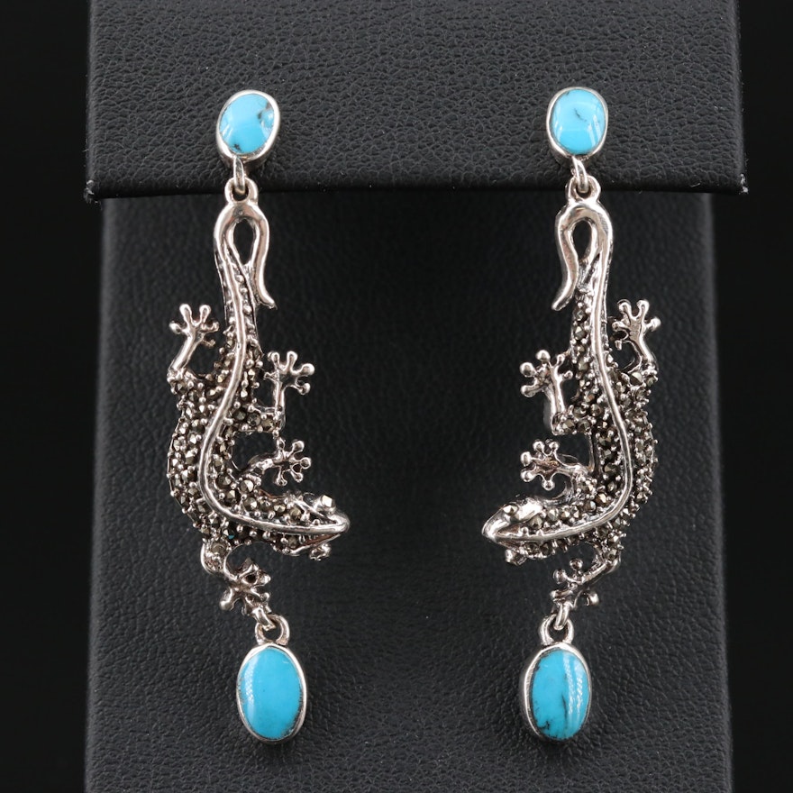 Sterling Silver Turquoise and Marcasite Salamander Drop Earrings