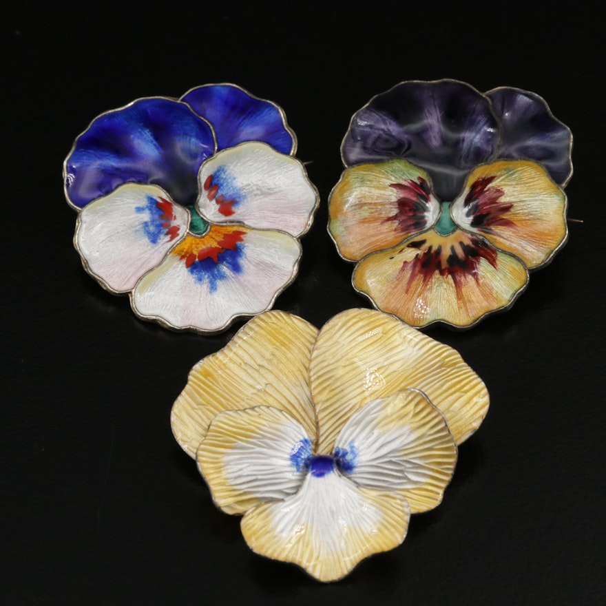 Scandinavian Artists Sterling Enamel Pansy Brooches Featuring Anton Michelsen