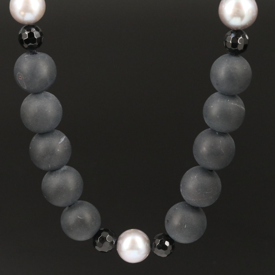 Pearl and Beaded Onyx Necklace with Sterling Silver Clasp