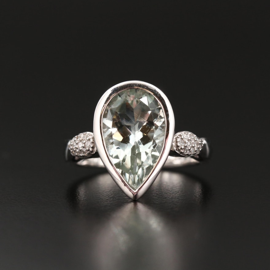 Sterling Silver Pear Shaped Prasiolite and Diamond Ring