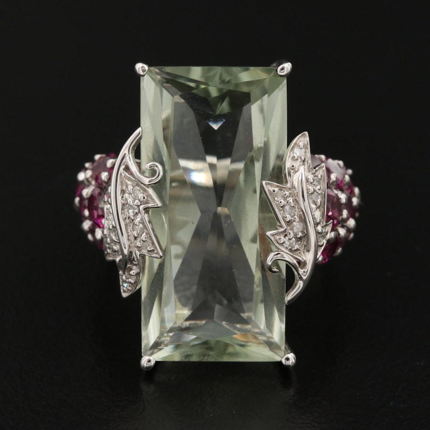 Sterling Prasiolite, Rhodolite Garnet and Diamond Leaf Statement Ring