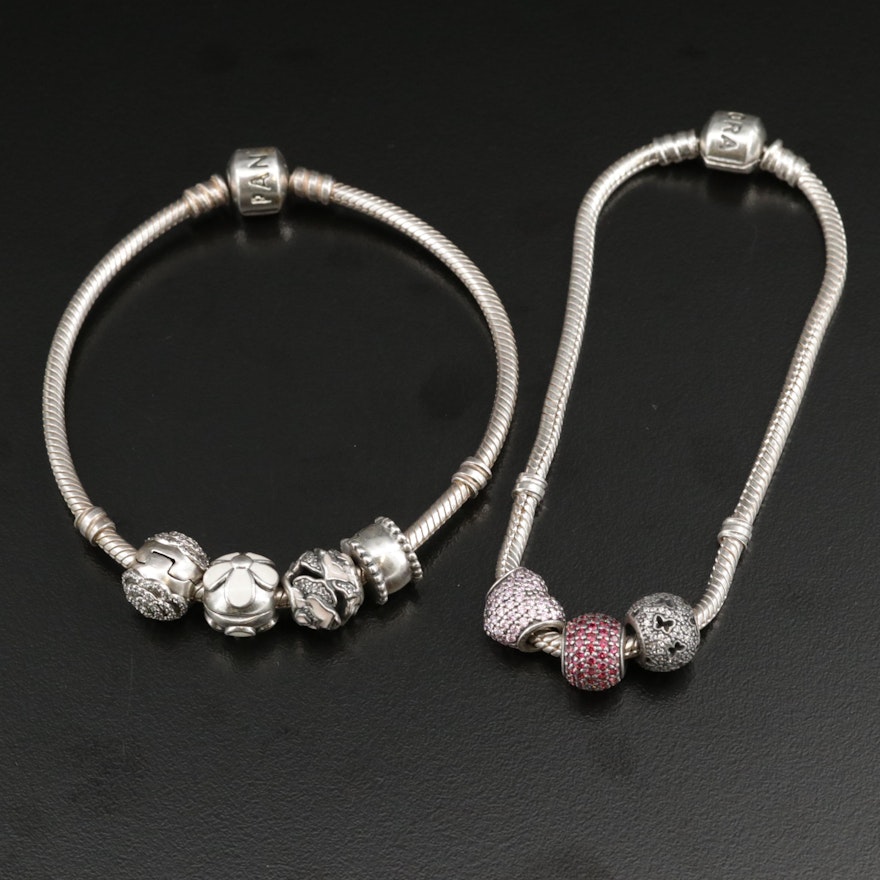 Pandora Sterling Silver Cubic Zirconia and Enamel Charm Bracelets