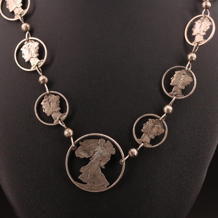 Silhouette Coin Necklace with Altered Mercury Dimes and Walking Liberty Dollar
