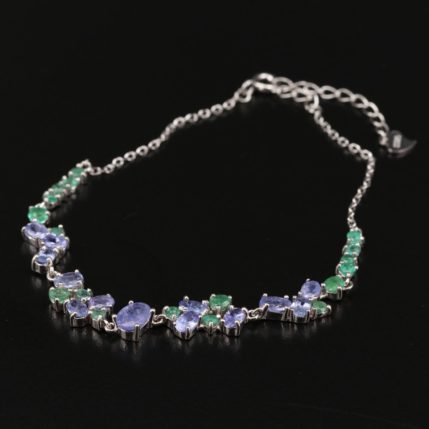 Sterling Silver Tanzanite and Emerald Bracelet