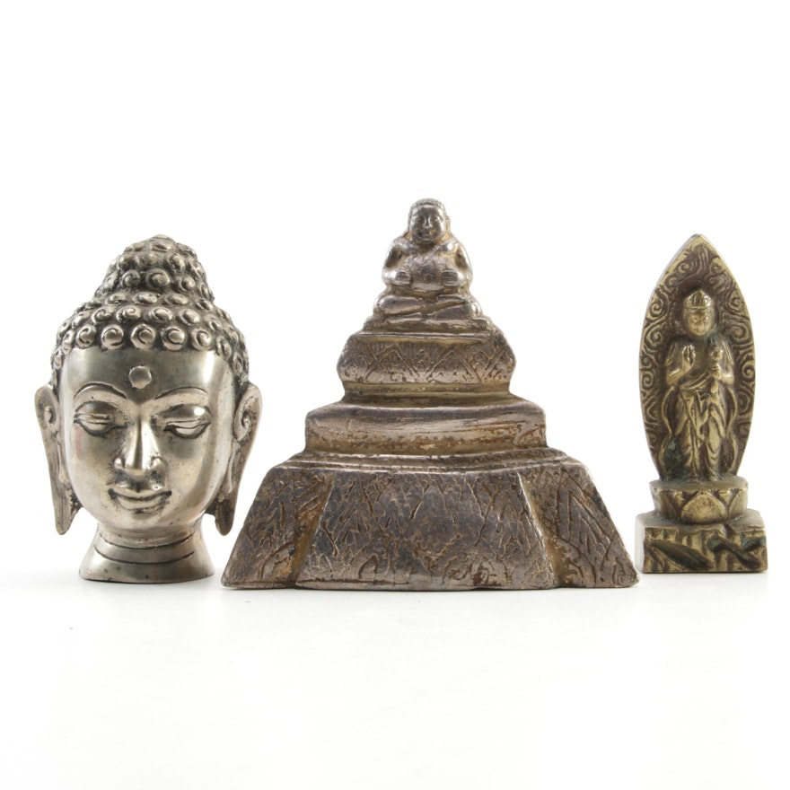 East Asian Brass, Metal, and Wood Buddha Figurines, 20th Century