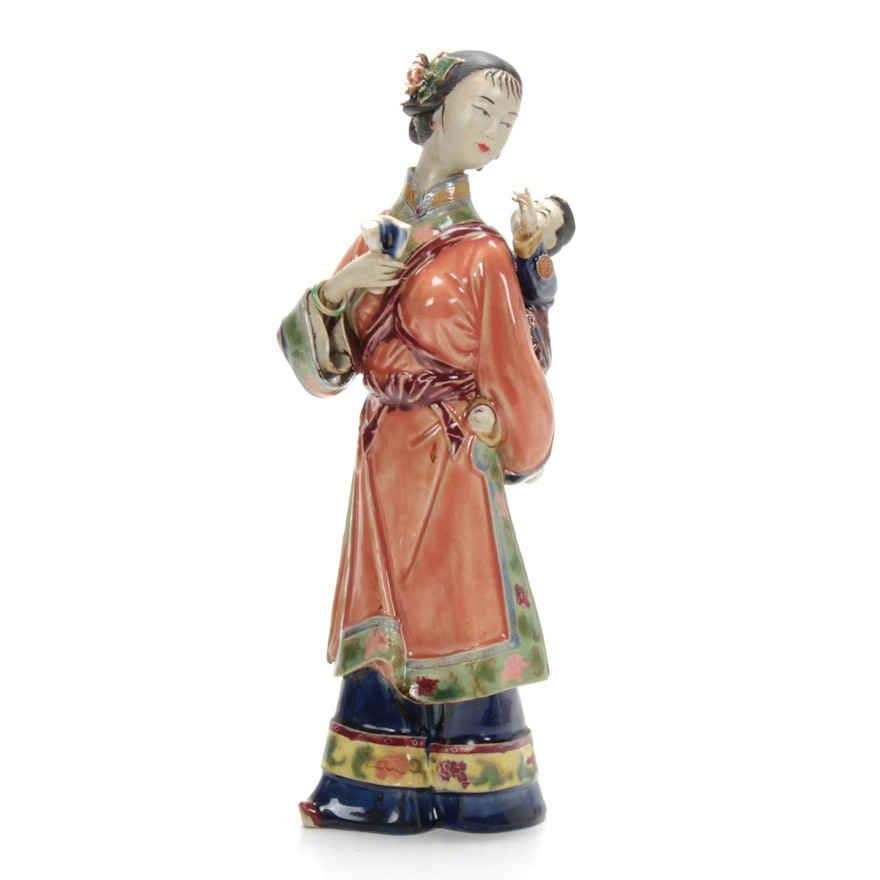 Signed Chinese Porcelain Woman With Baby