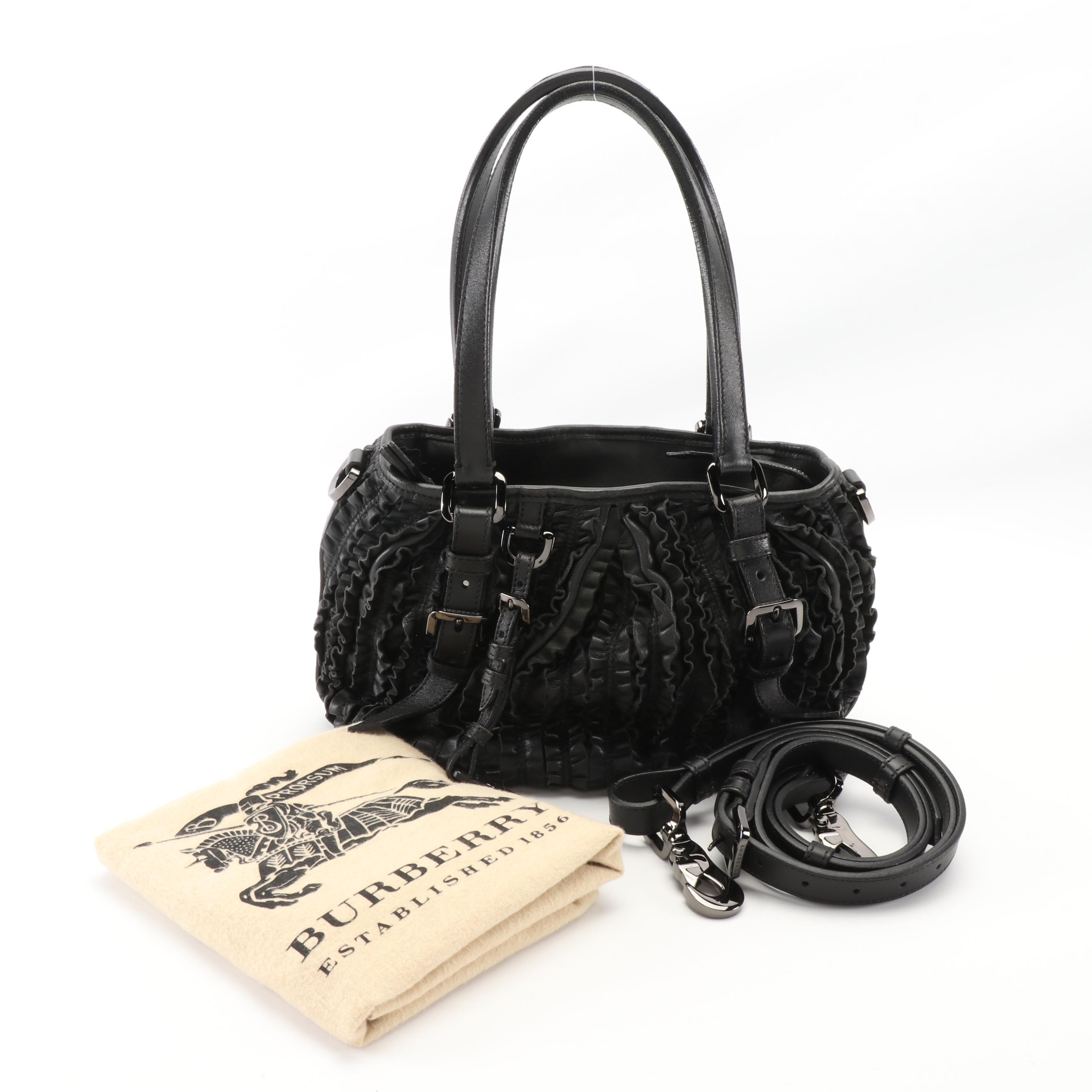 Burberry Lowry Black Ruffled Leather Shoulder Bag with Detachable Strap