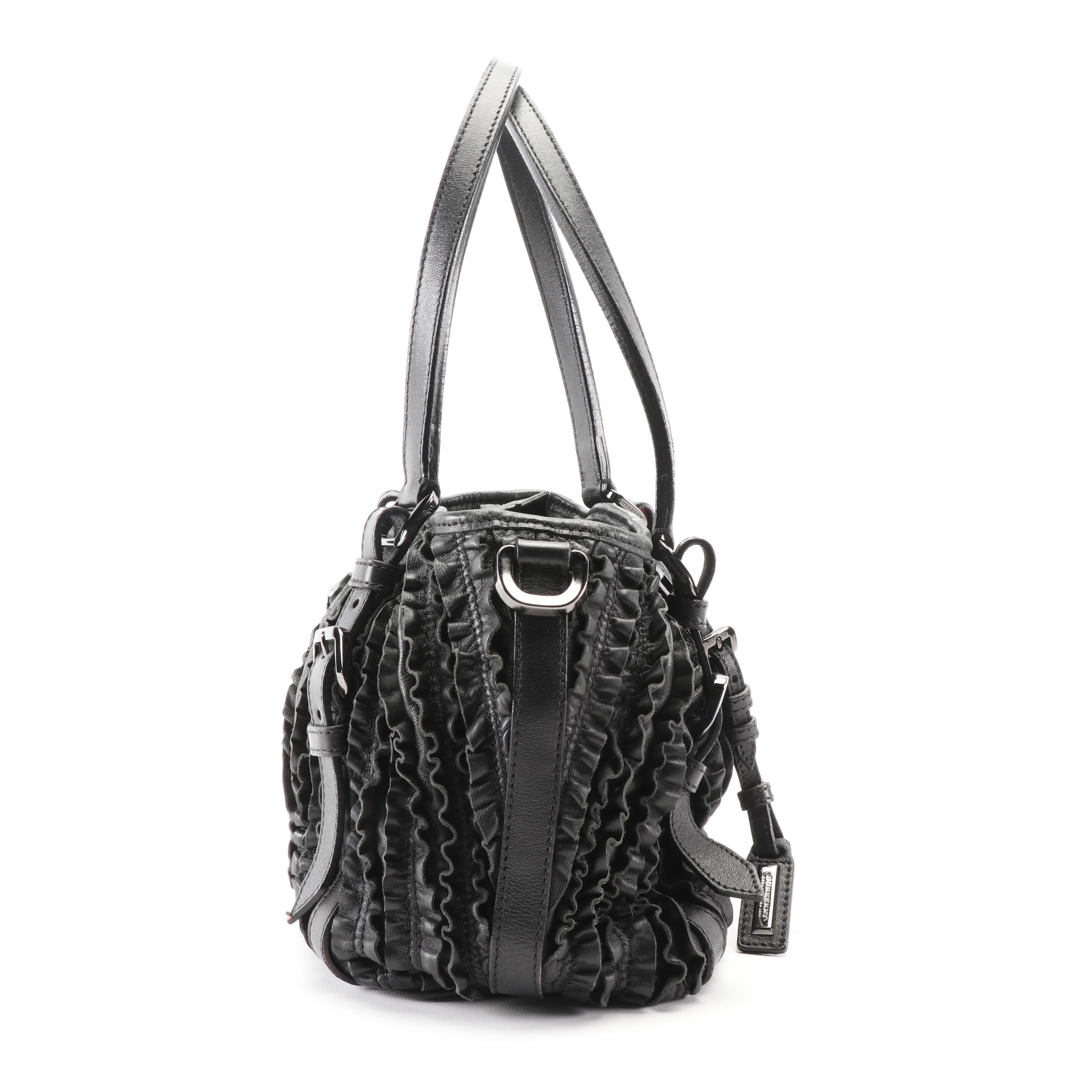 Burberry Lowry Black Ruffled Leather Shoulder Bag with Detachable Strap