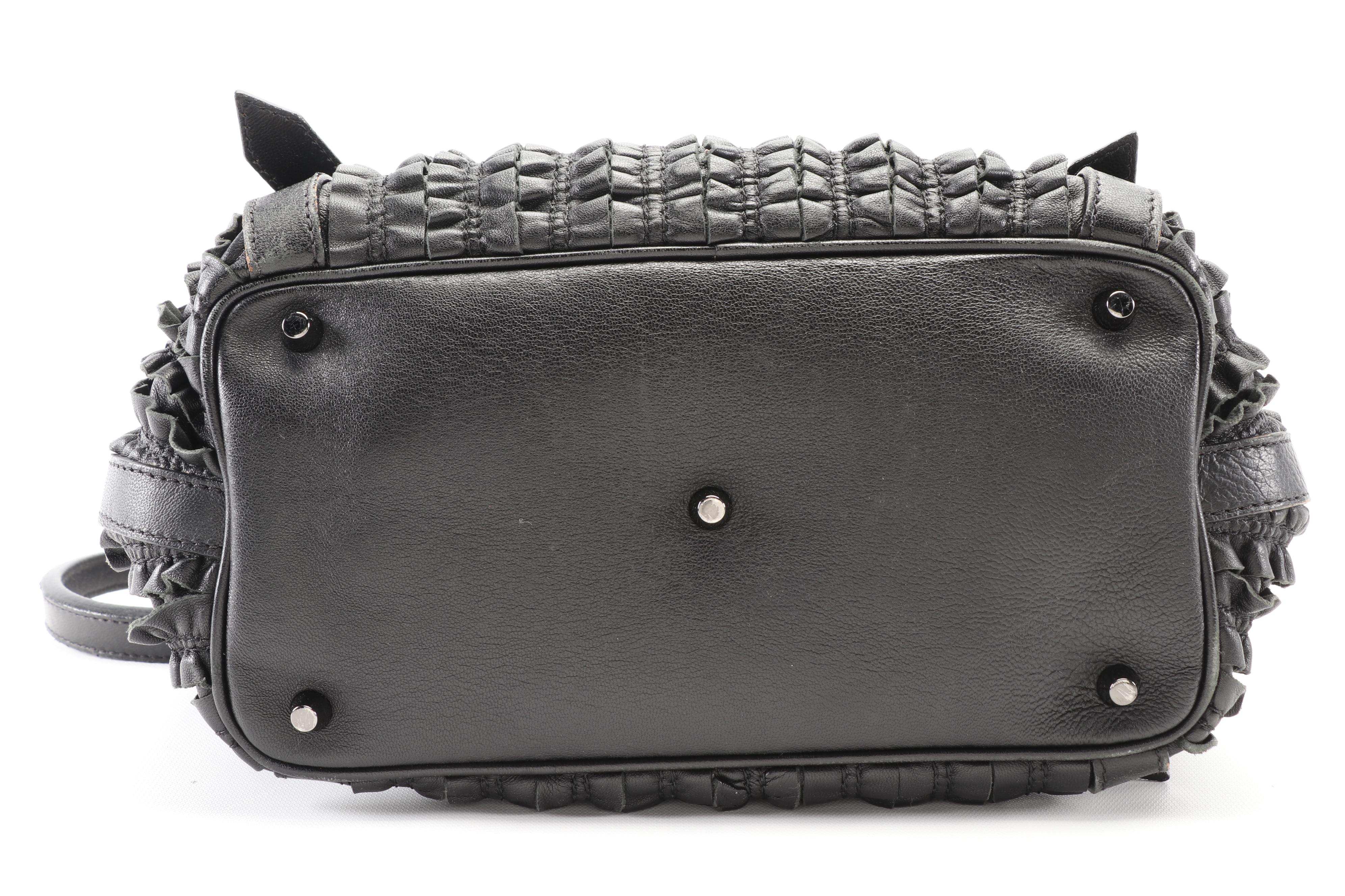 Burberry Lowry Black Ruffled Leather Shoulder Bag with Detachable Strap
