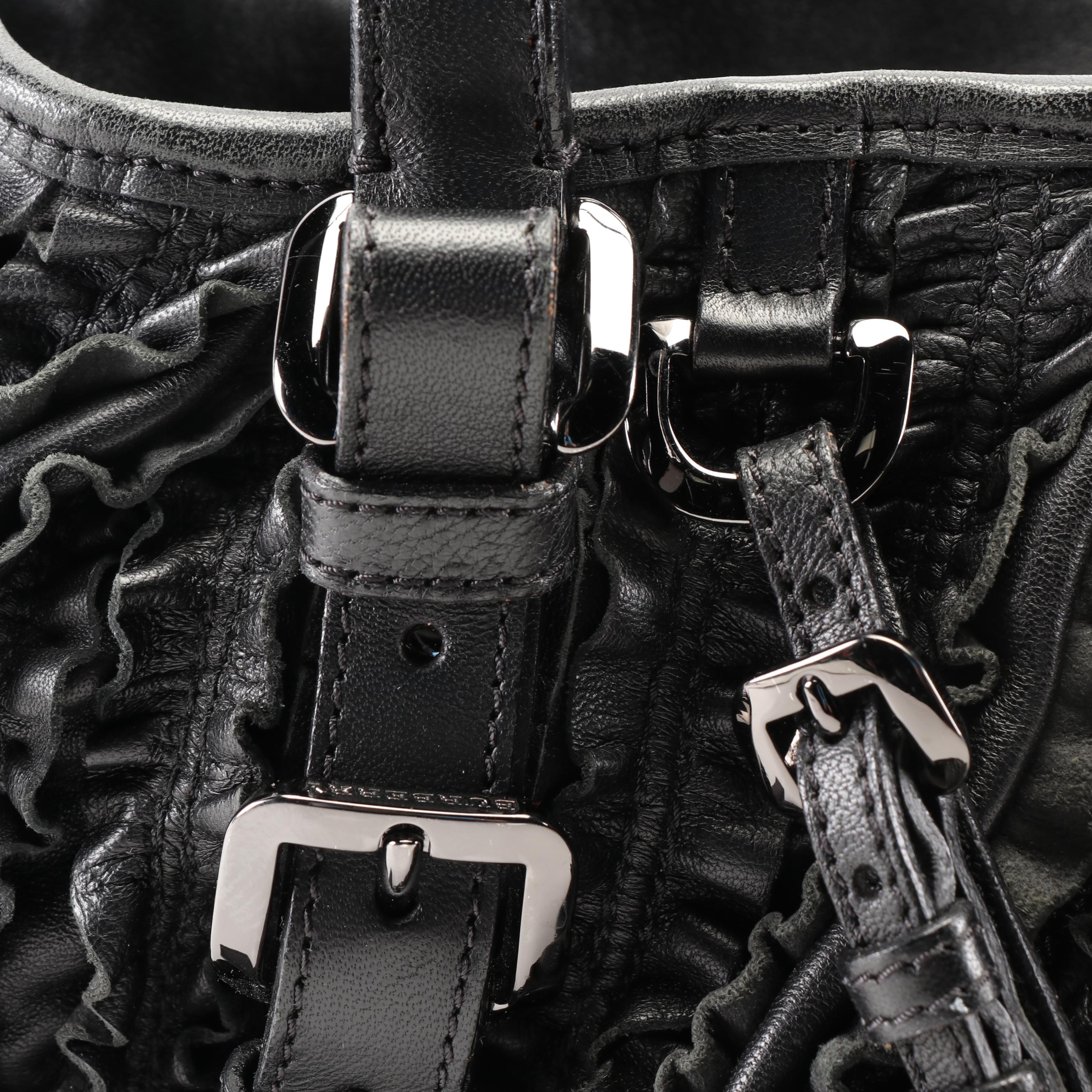 Burberry Lowry Black Ruffled Leather Shoulder Bag with Detachable Strap