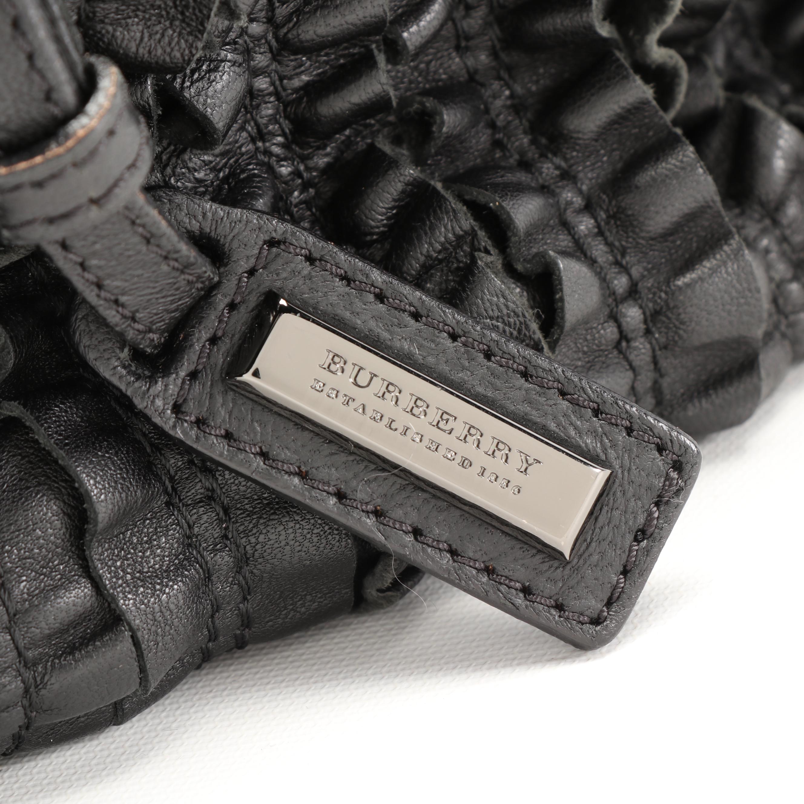 Burberry Lowry Black Ruffled Leather Shoulder Bag with Detachable Strap