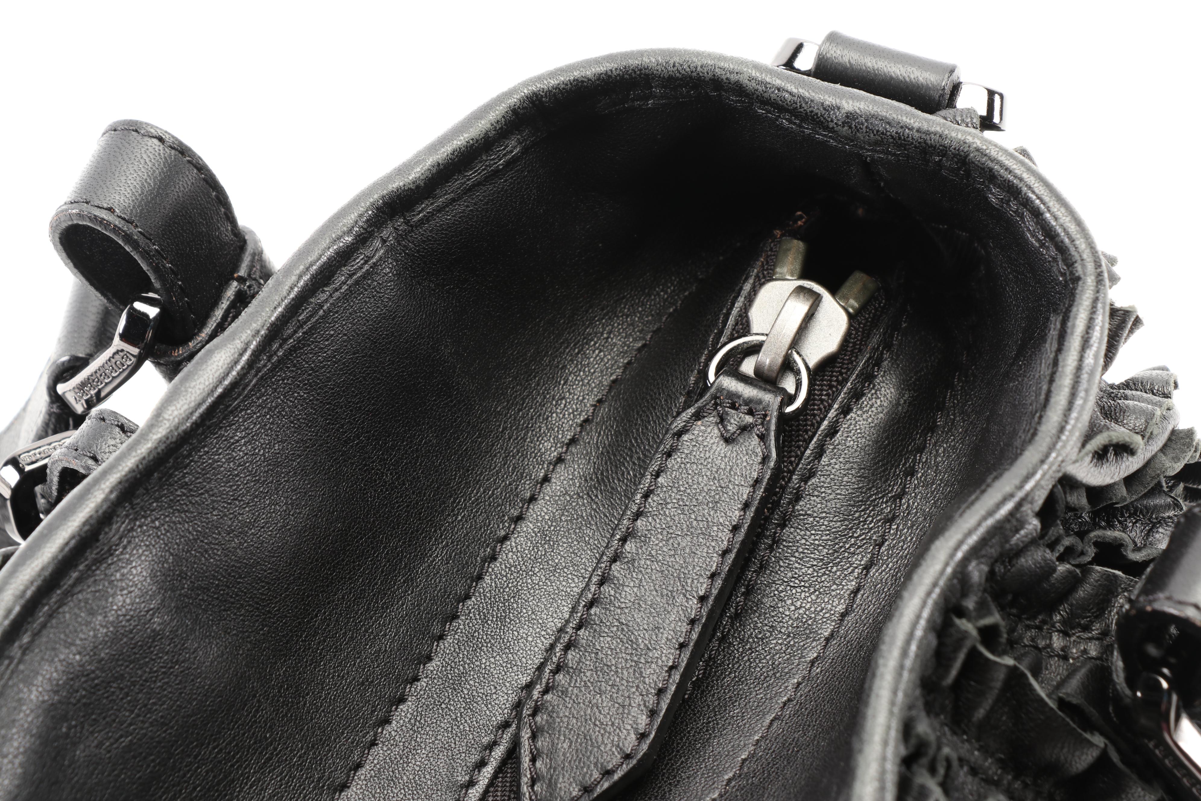 Burberry Lowry Black Ruffled Leather Shoulder Bag with Detachable Strap