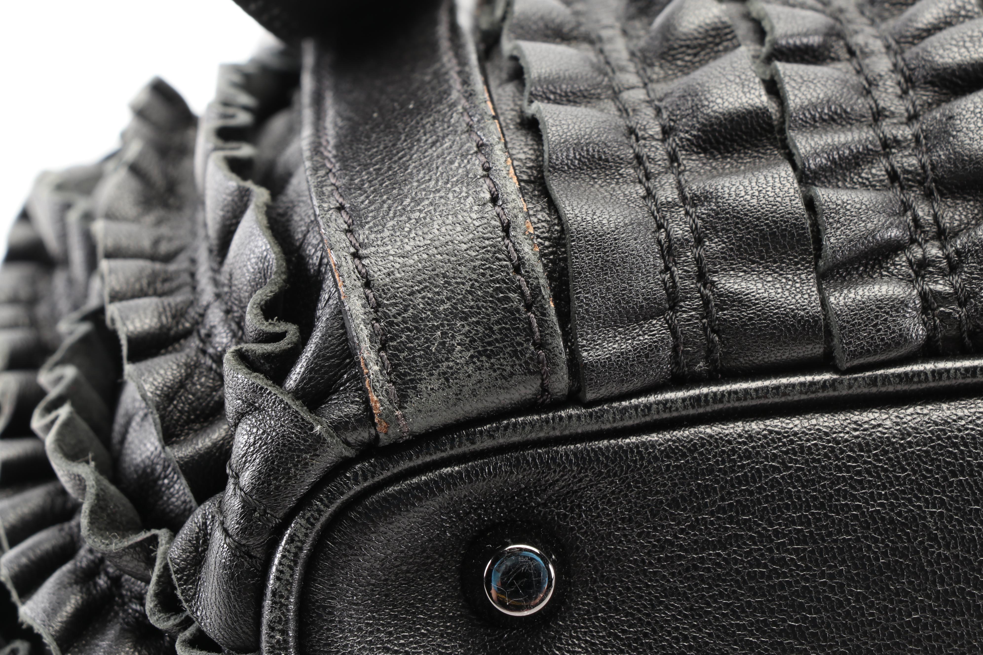 Burberry Lowry Black Ruffled Leather Shoulder Bag with Detachable Strap