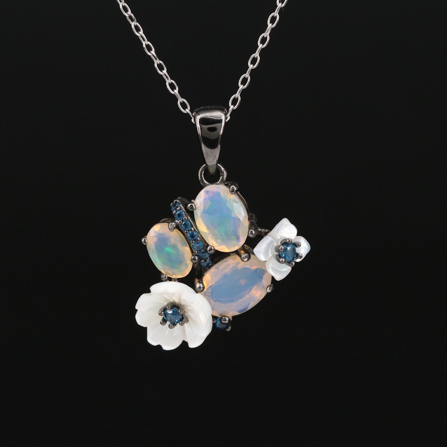 Sterling Silver Opal, Apatite and Mother of Pearl Floral Motif Pendant Necklace