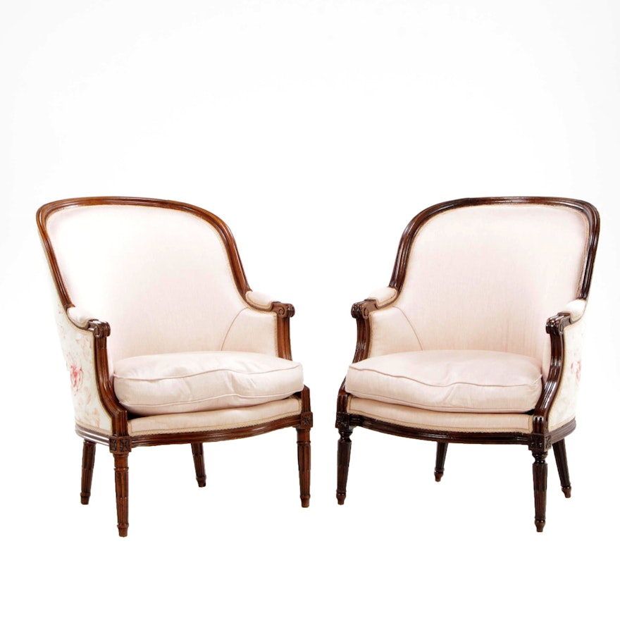 Pair of Louis XVI Style Walnut Upholstered Bergeres