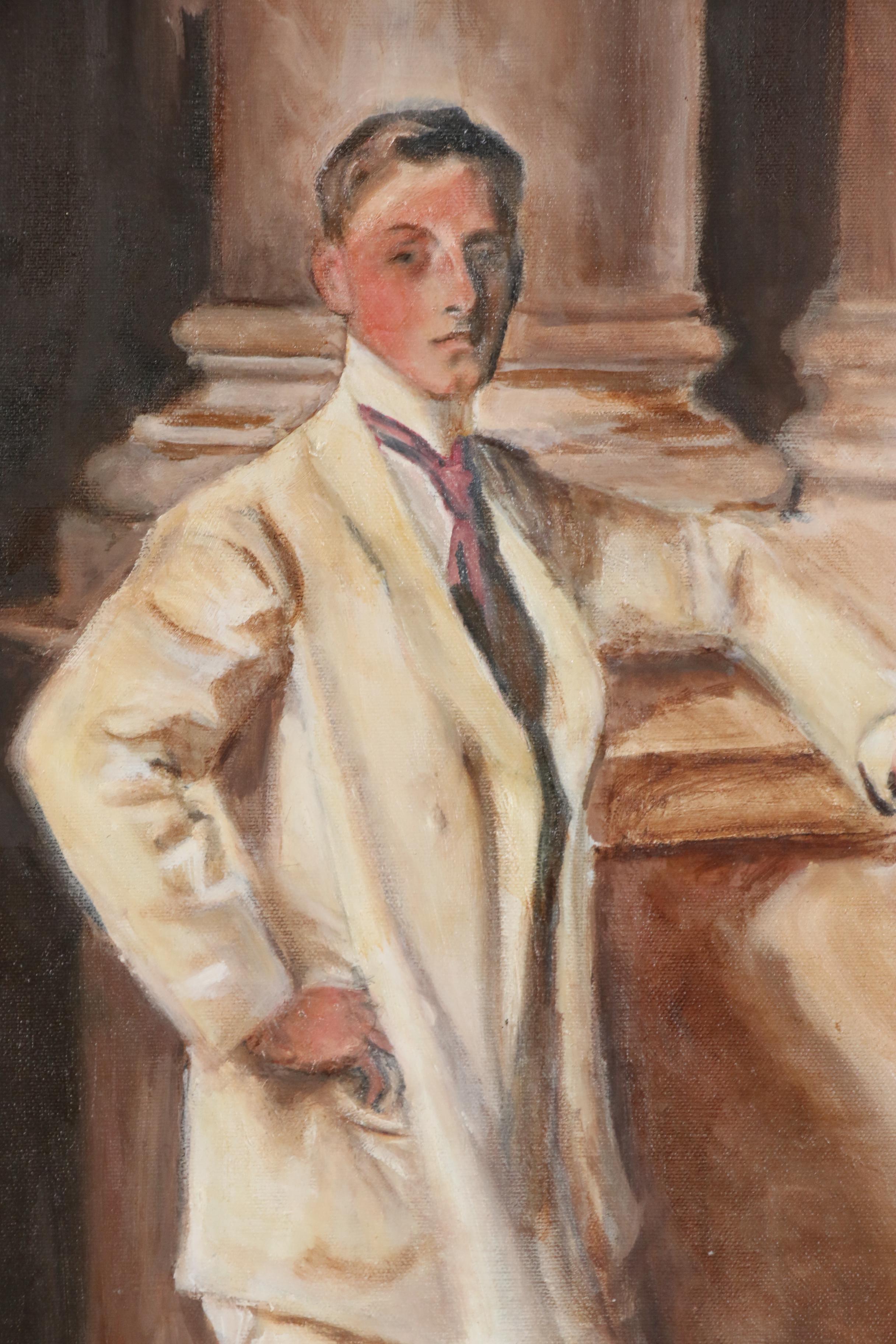 Portrait Oil Painting of Young Man in White Suit