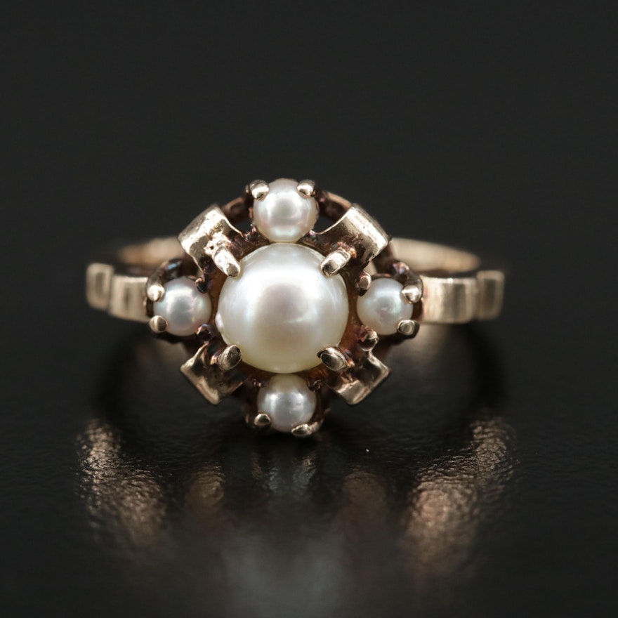Early 1900s 10K Pearl Crown Motif Ring