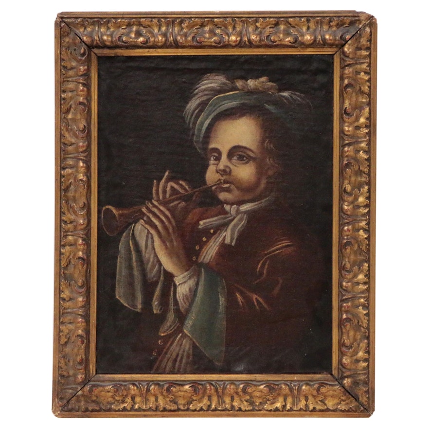 Renaissance Style Oil Painting of Trumpet Player, Late 19th Century