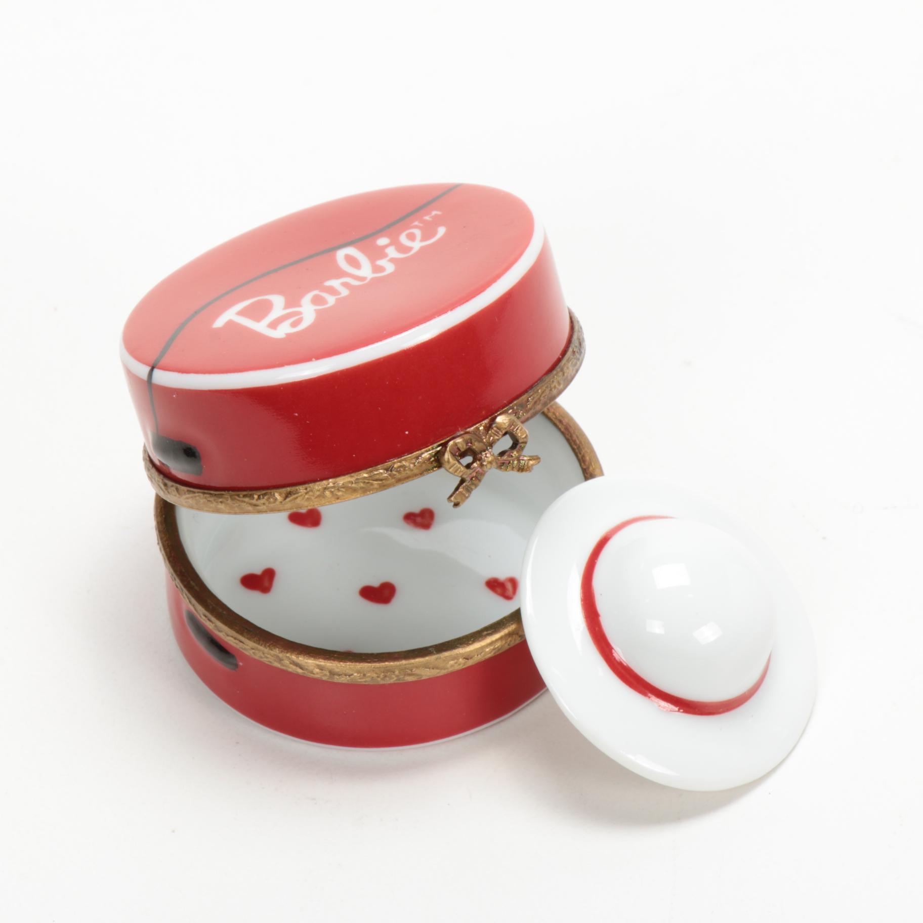 Rochard Hand-Painted Porcelain Red Barbie Hatbox Limoges Box