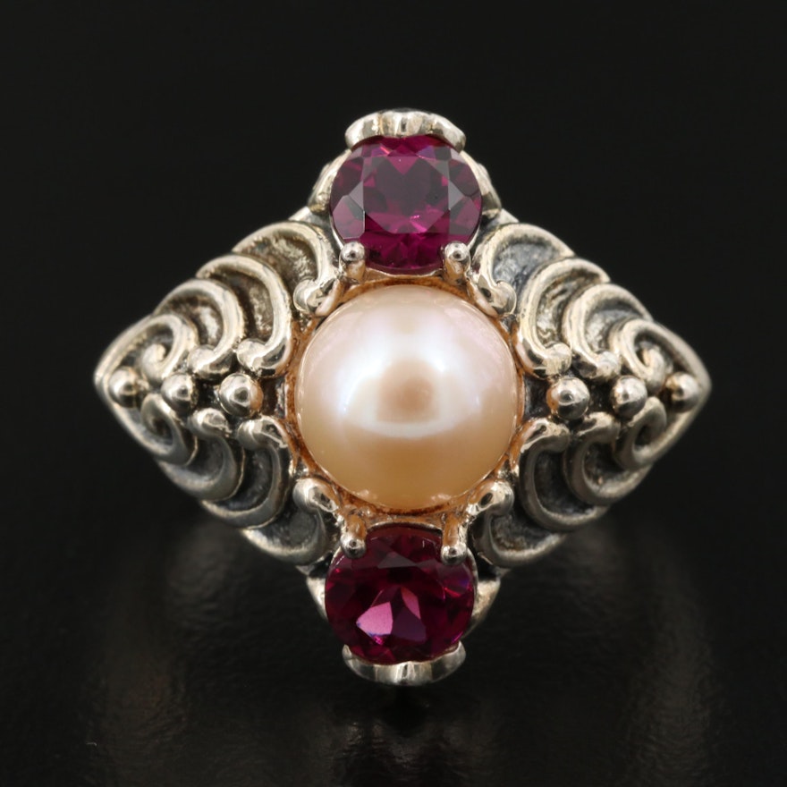 Sterling Garnet and Cultured Pearl Waved Heart Ring