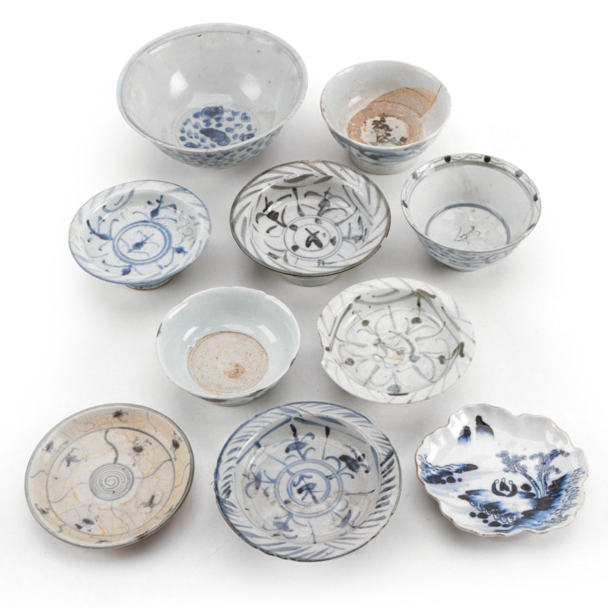 Chinese and Japanese Blue and White Stoneware Bowls and Dishes