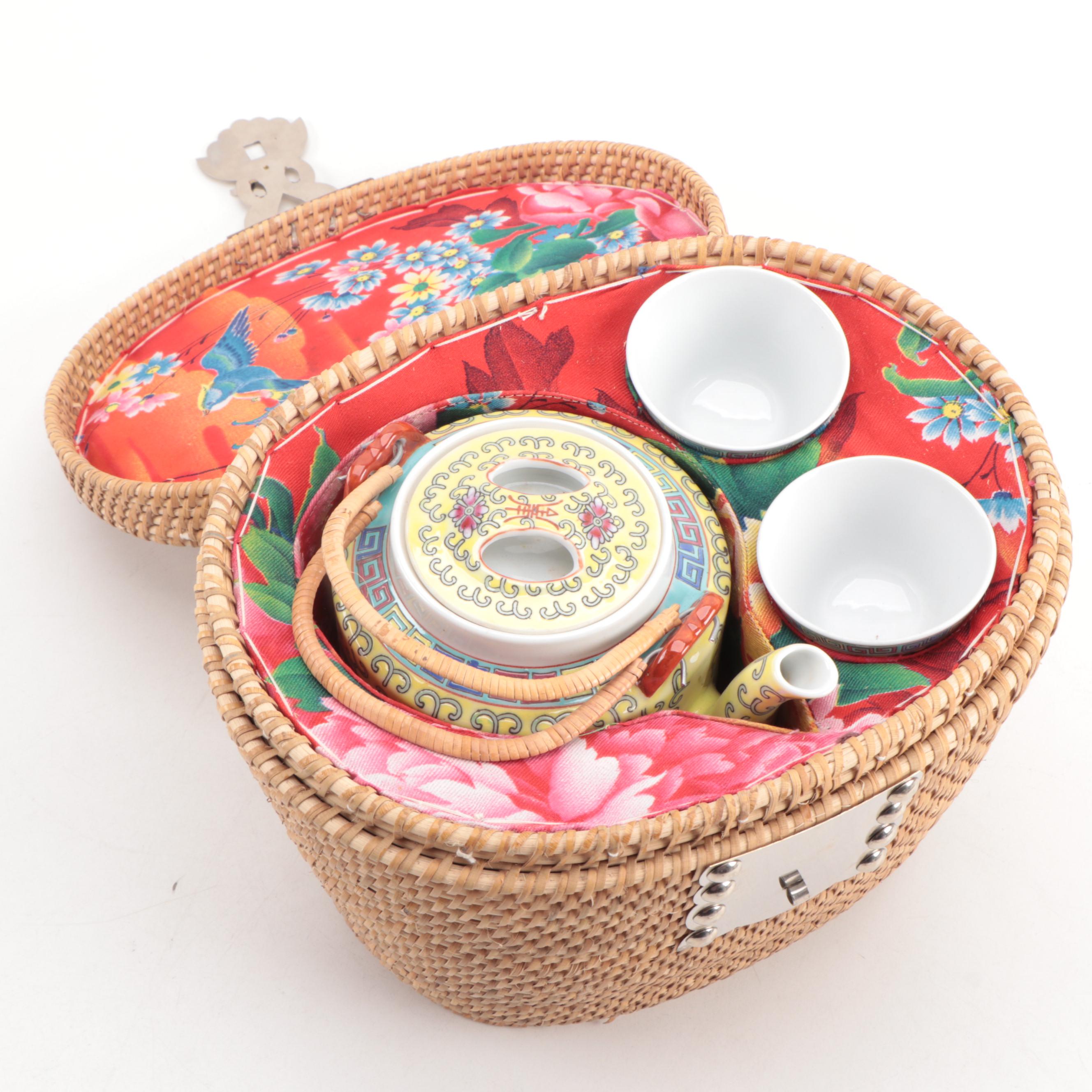 Chinese Ceramic Tea Set with Presentation Basket