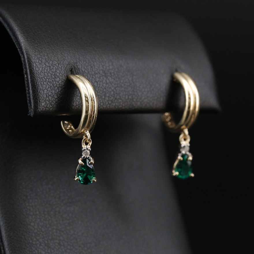 14K Emerald and Diamond J Hoop Dangle Earrings