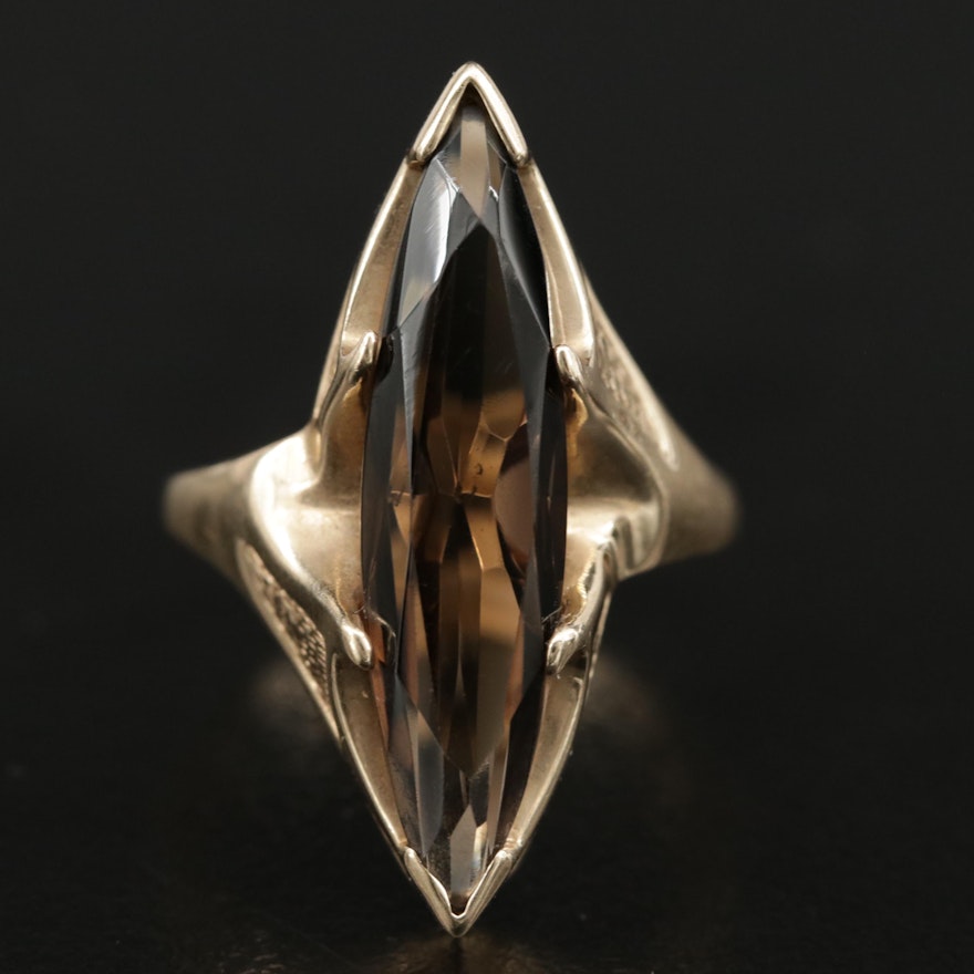 Vintage 10K Smoky Quartz Navette Ring