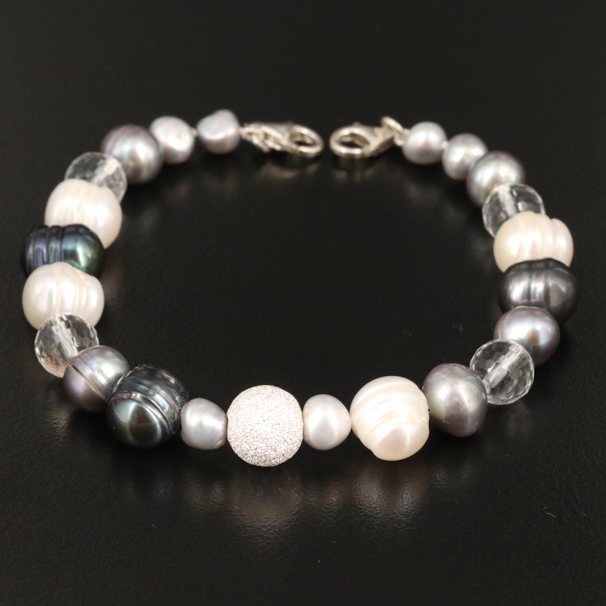 Sterling Silver Pearl and Rock Crystal Quartz Bracelet