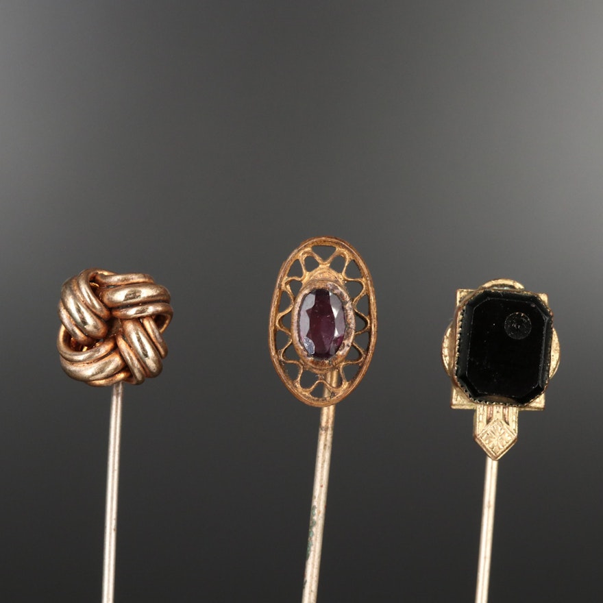 Collection of Vintage Stick Pin Including Knot and Purple Glass Oval Pins