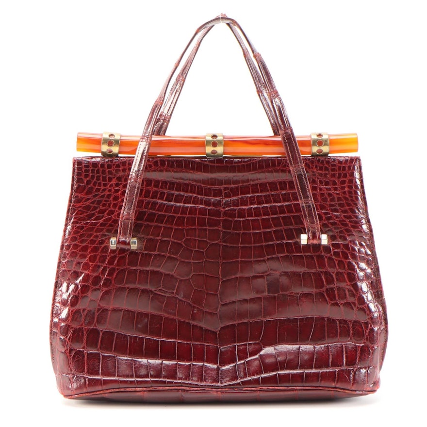 Maison Maquet Paris Crocodile Skin Handbag with Dyed Amber Galalith Clasp