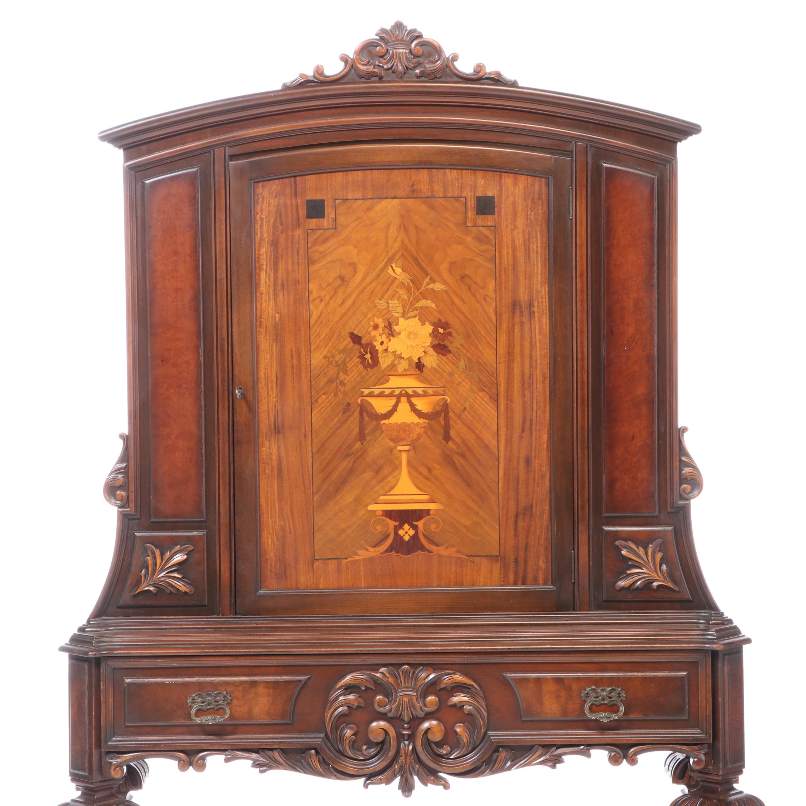 Rockford Furniture Co. Baroque Style Walnut and Marquetry China Cabinet-on-Stand