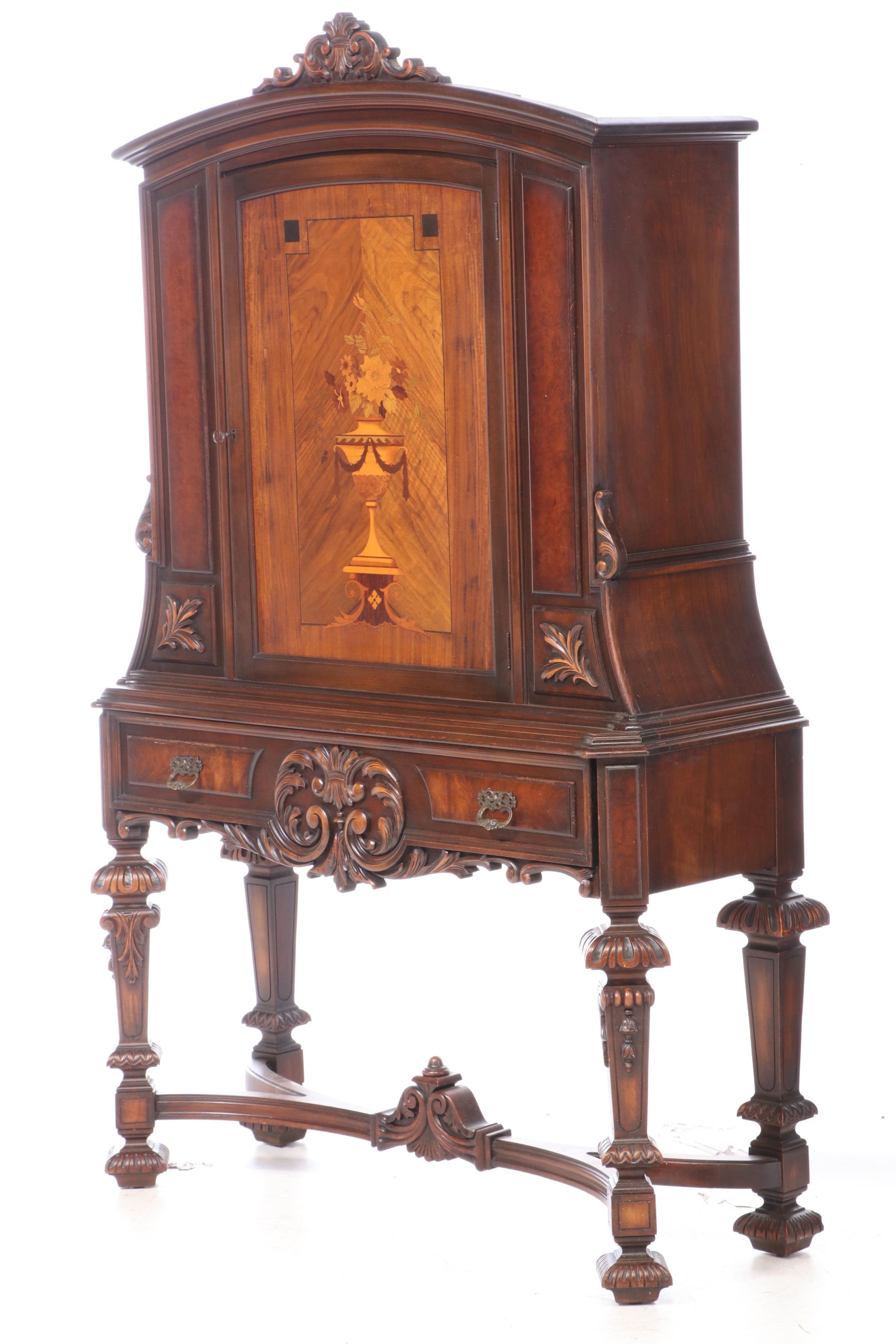 Rockford Furniture Co. Baroque Style Walnut and Marquetry China Cabinet-on-Stand