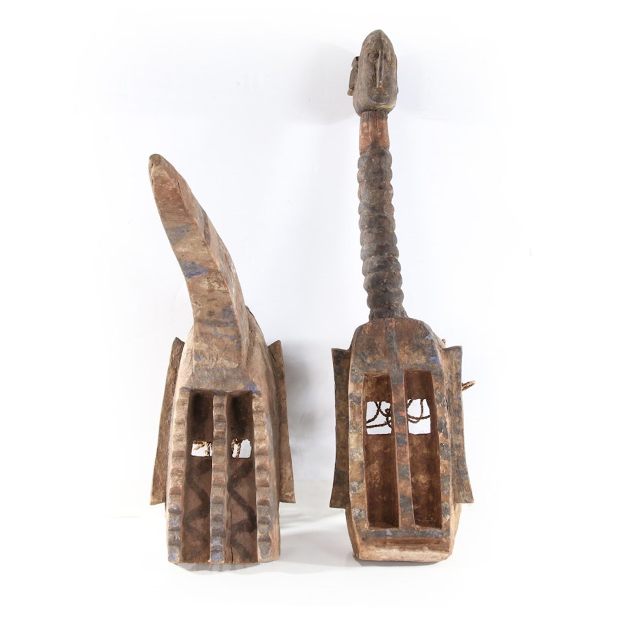 Dogon Carved Wood Masks with Horn and Figural Crests