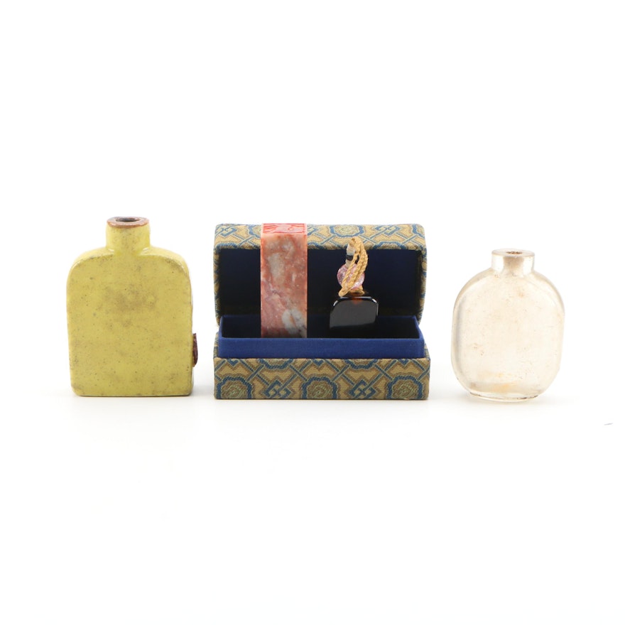 Chinese Soapstone Seal in Box with Ceramic, Glass Snuff Bottles and a Charm