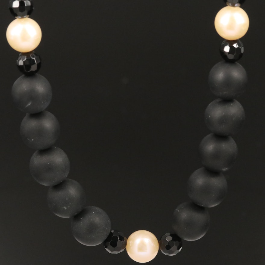 Beaded Black Onyx and Cultured Pearl Necklace with 14K Clasp