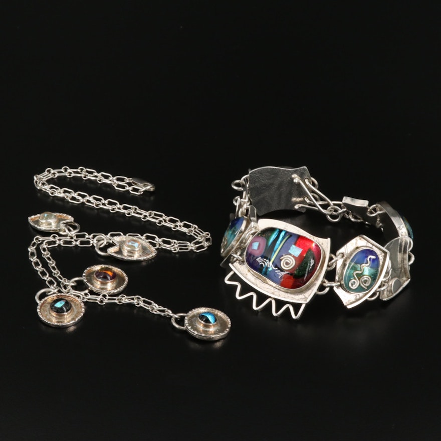 Barbara Sucherman Sterling Silver Art Glass Necklace and Bracelet