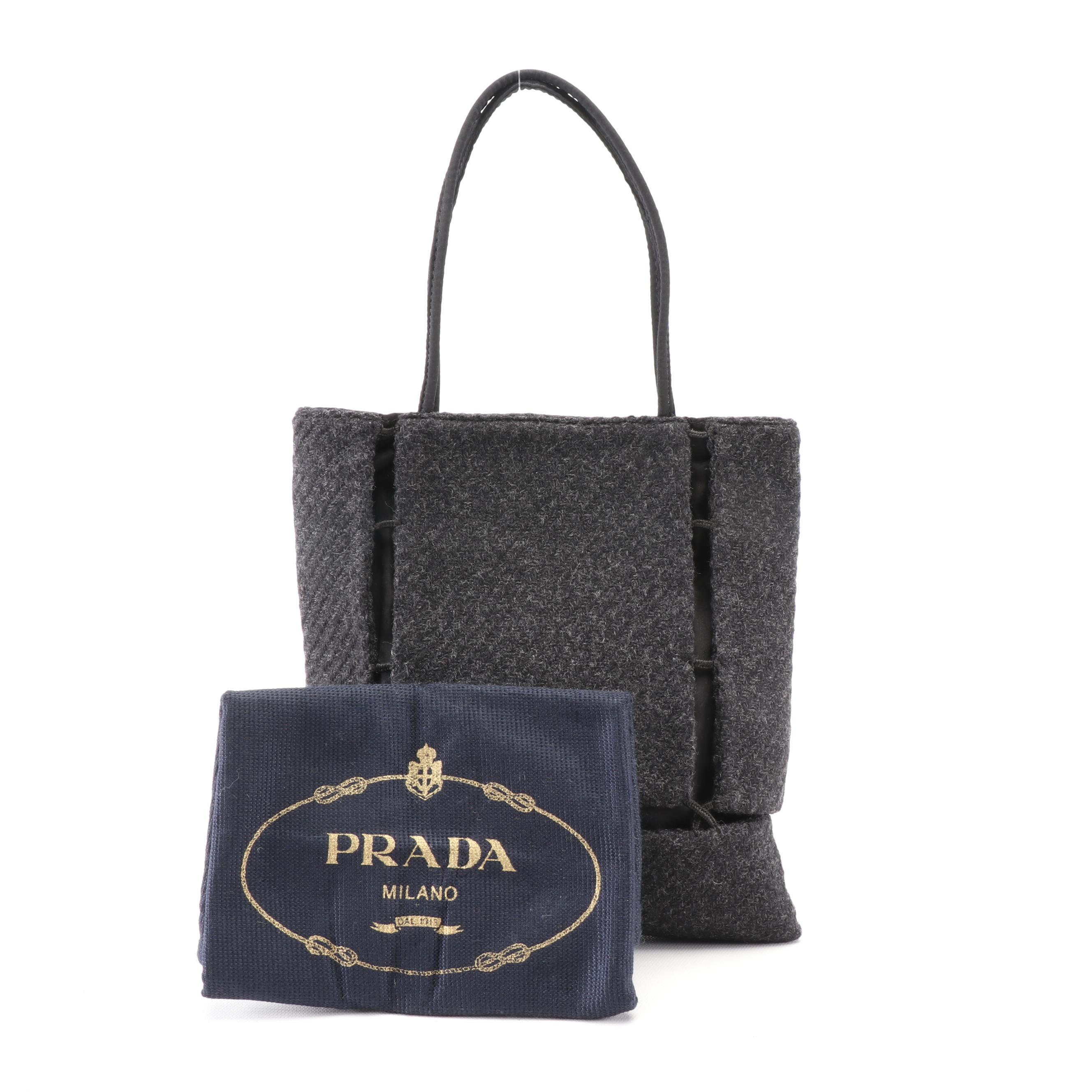 Prada Mini Tote Bag in Dark Grey Shetland Wool with Tessuto Nylon Trim