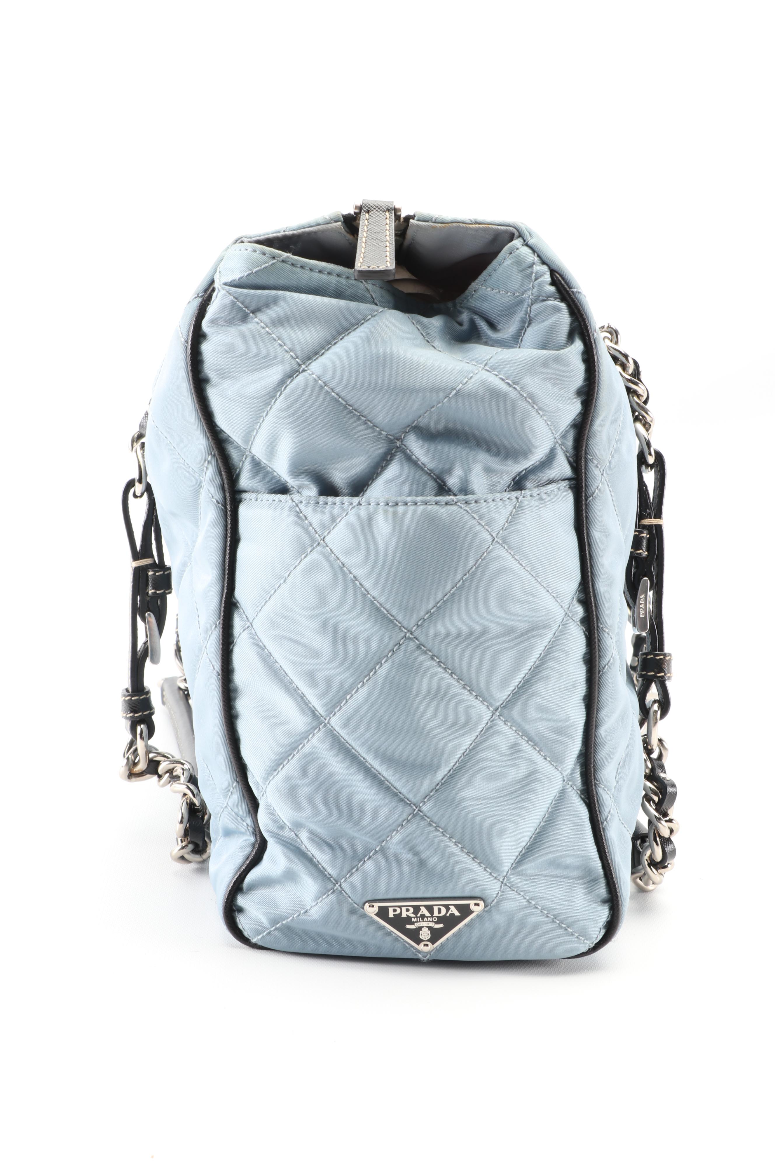 Prada Tote Bag in Light Blue Quilted Nylon with Black Saffiano Leather Trim
