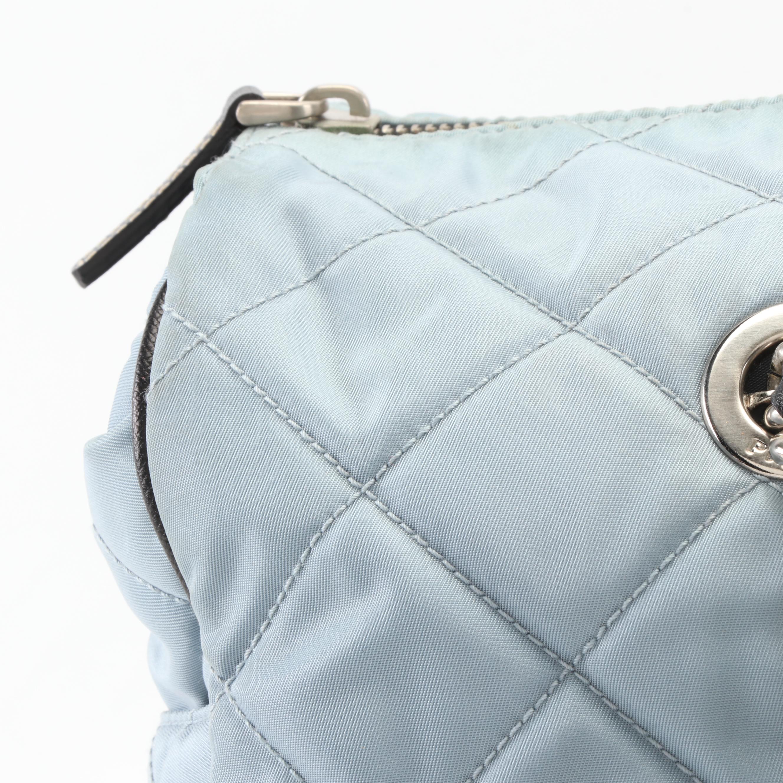 Prada Tote Bag in Light Blue Quilted Nylon with Black Saffiano Leather Trim