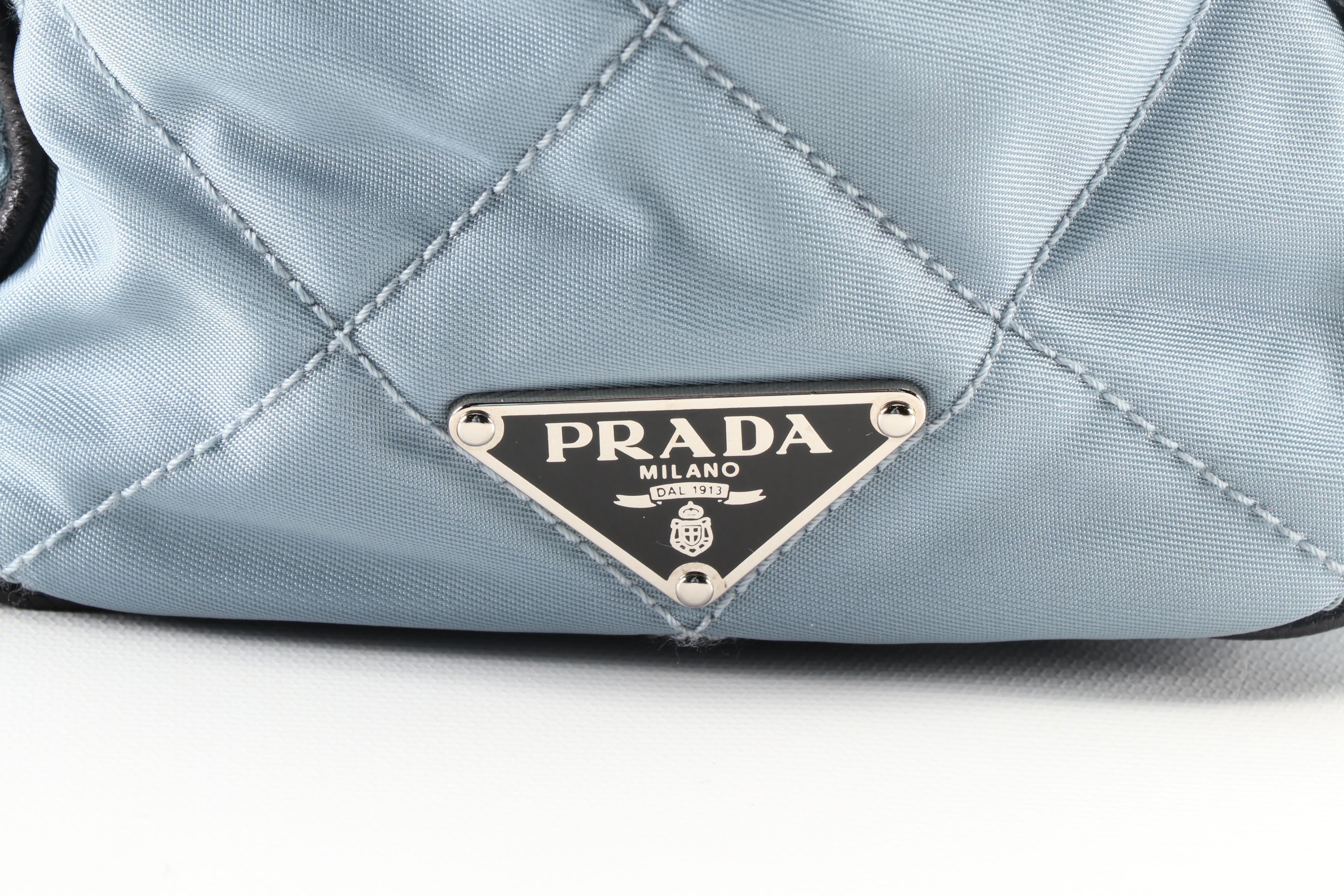 Prada Tote Bag in Light Blue Quilted Nylon with Black Saffiano Leather Trim