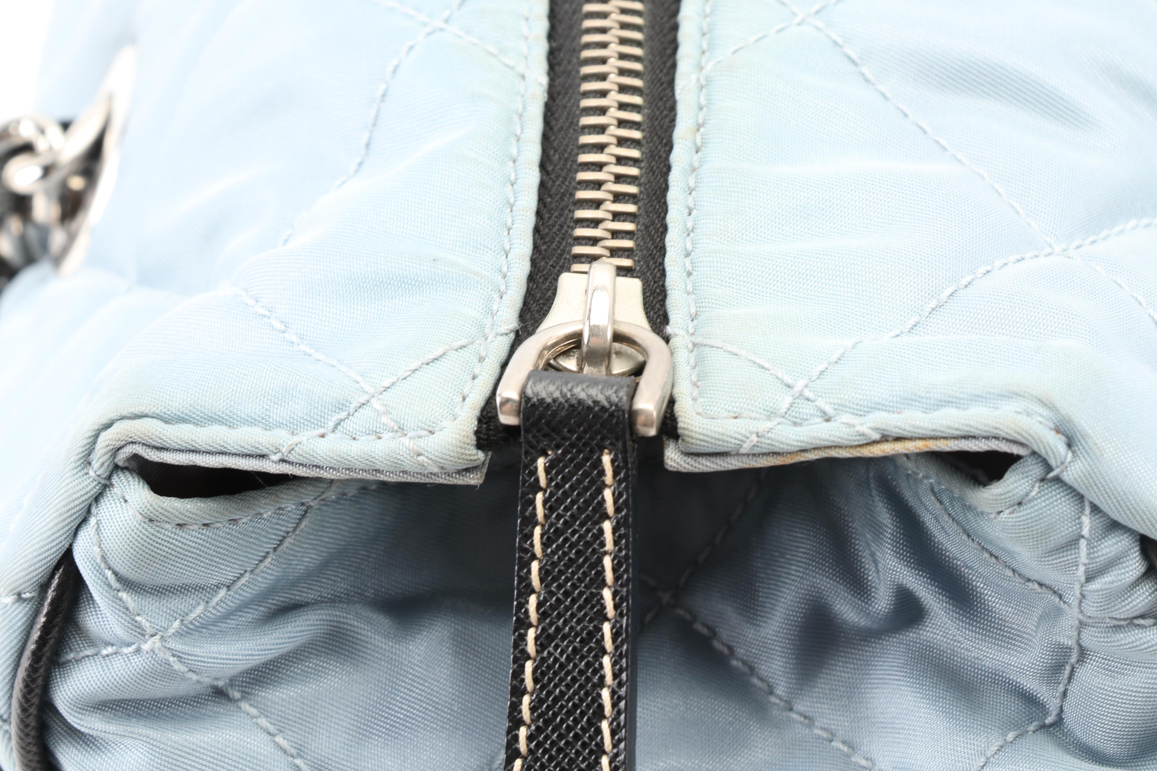 Prada Tote Bag in Light Blue Quilted Nylon with Black Saffiano Leather Trim