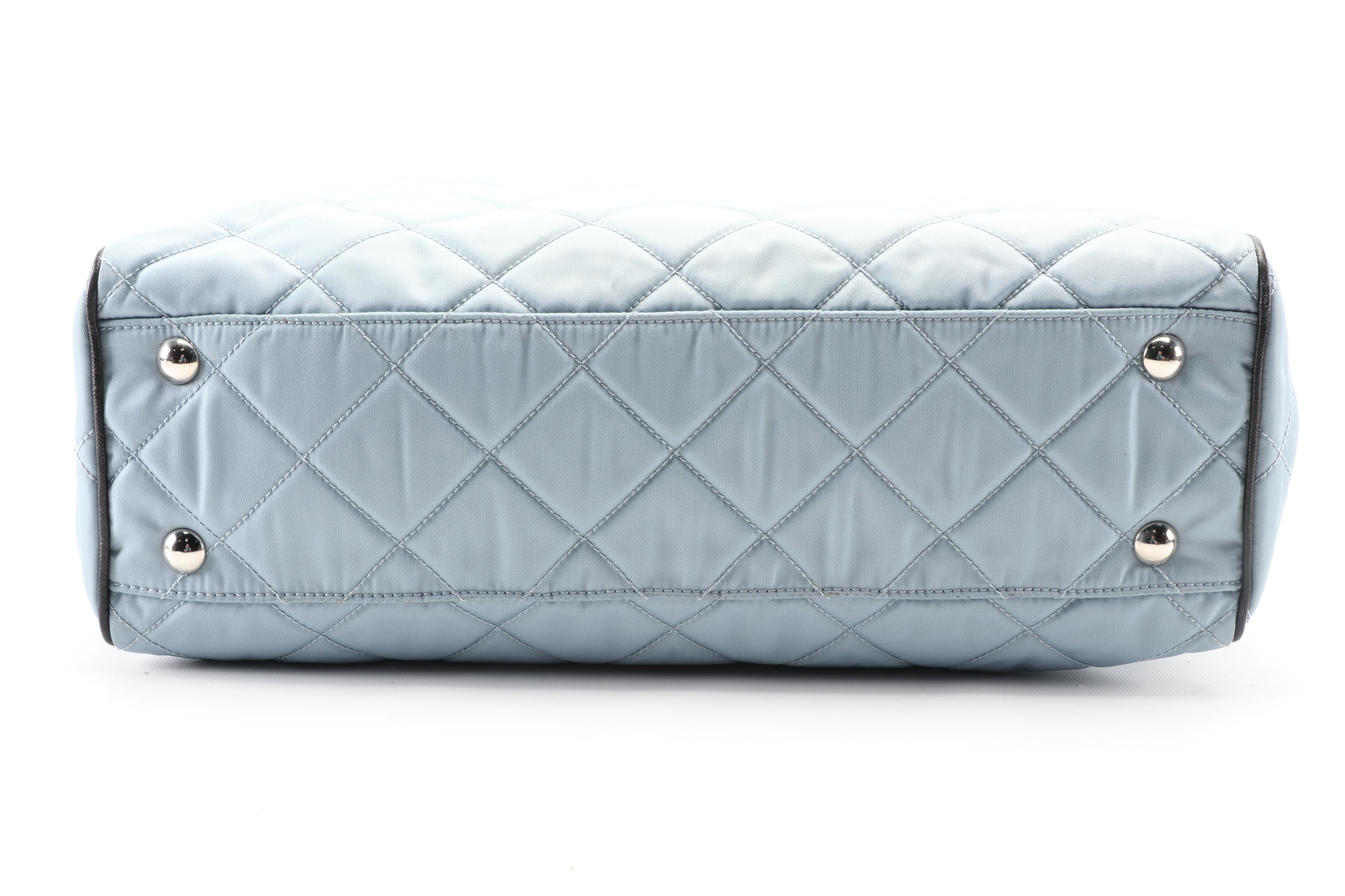 Prada Tote Bag in Light Blue Quilted Nylon with Black Saffiano Leather Trim