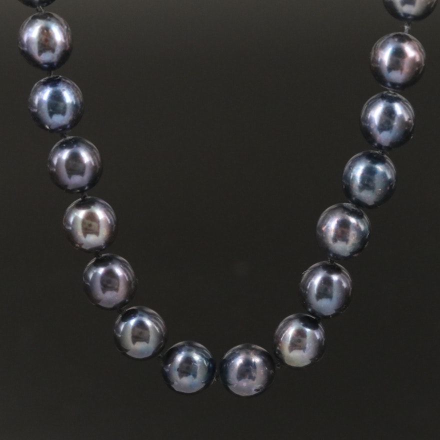 Purplish Black Pearl Necklace with 14K Clasp