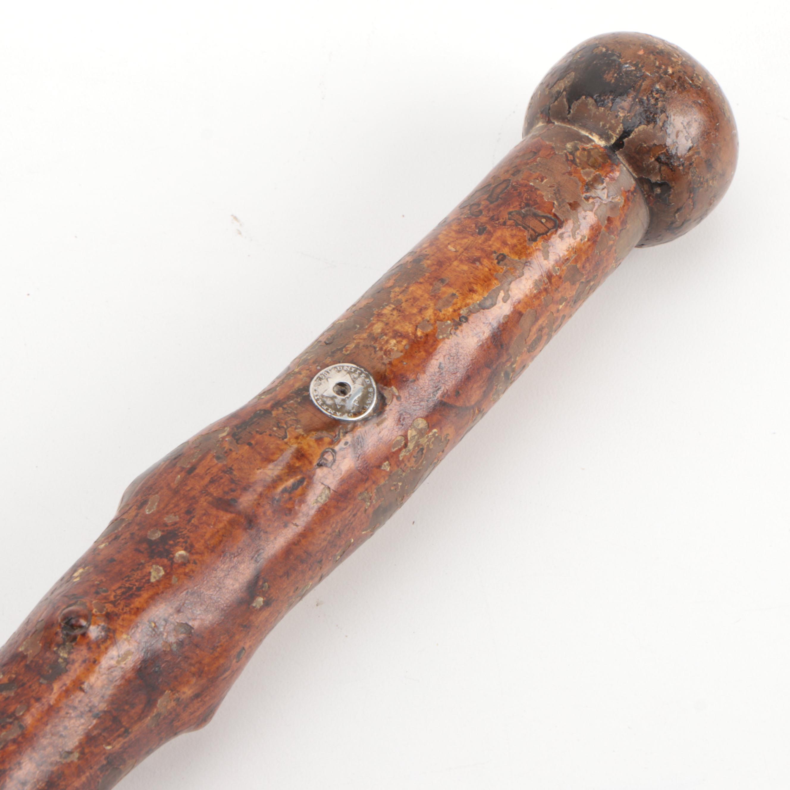 Thorn Wood Walking Stick with Inlaid 1852 US Three Cent Coins