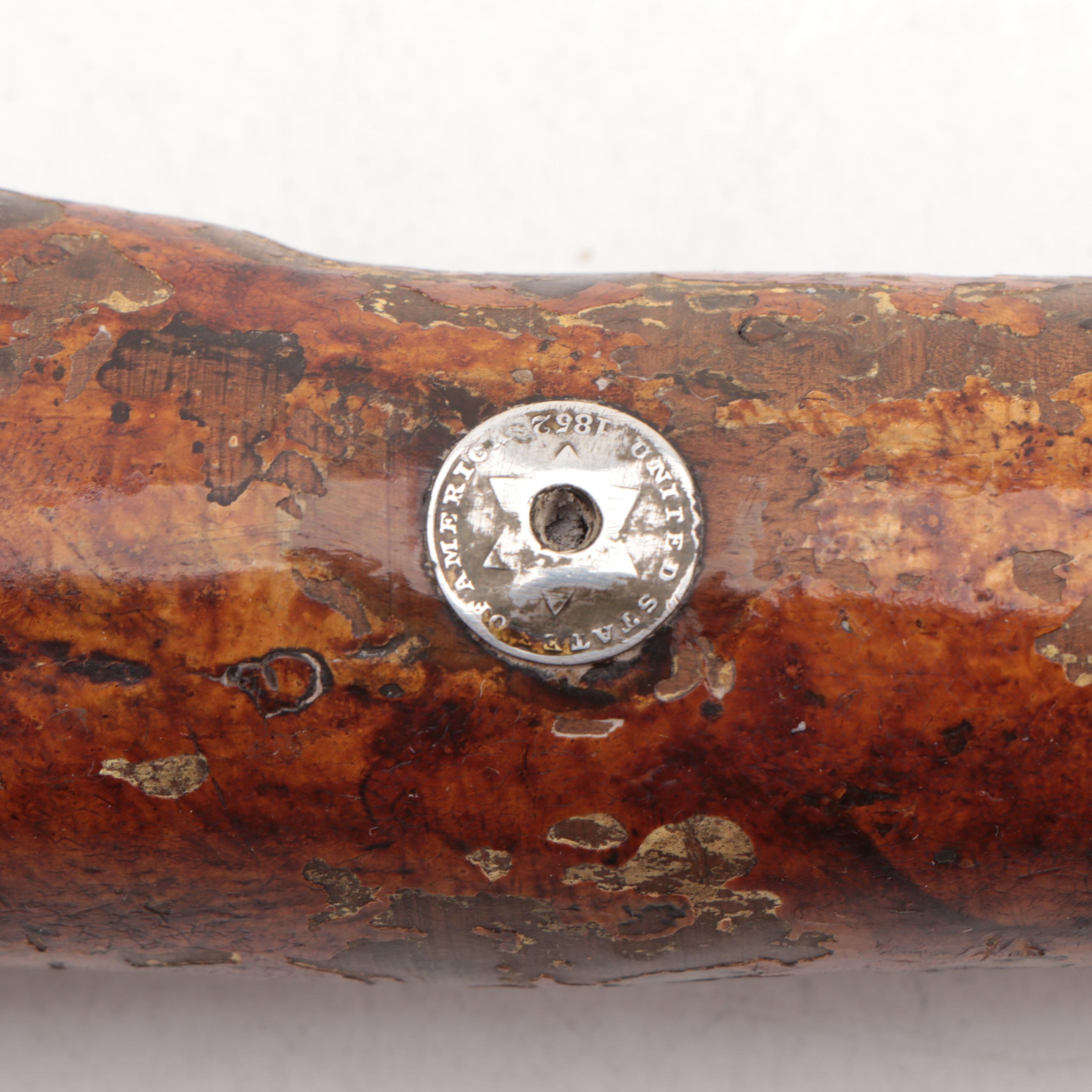 Thorn Wood Walking Stick with Inlaid 1852 US Three Cent Coins